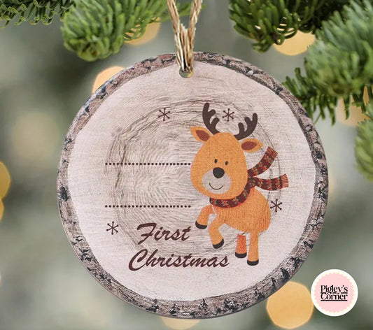 Wooden First Christmas Ornament – Rustic Baby’s First Christmas Keepsake | Pigley’s Corner