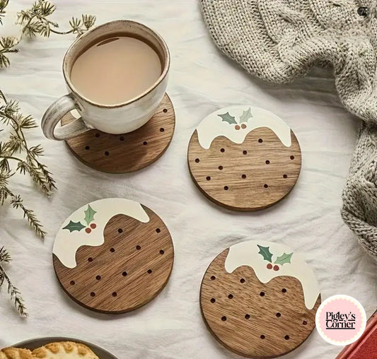 Christmas Pudding Wooden Coasters – Festive Holiday Drink Mats (Set of 4) | Pigley’s Corner